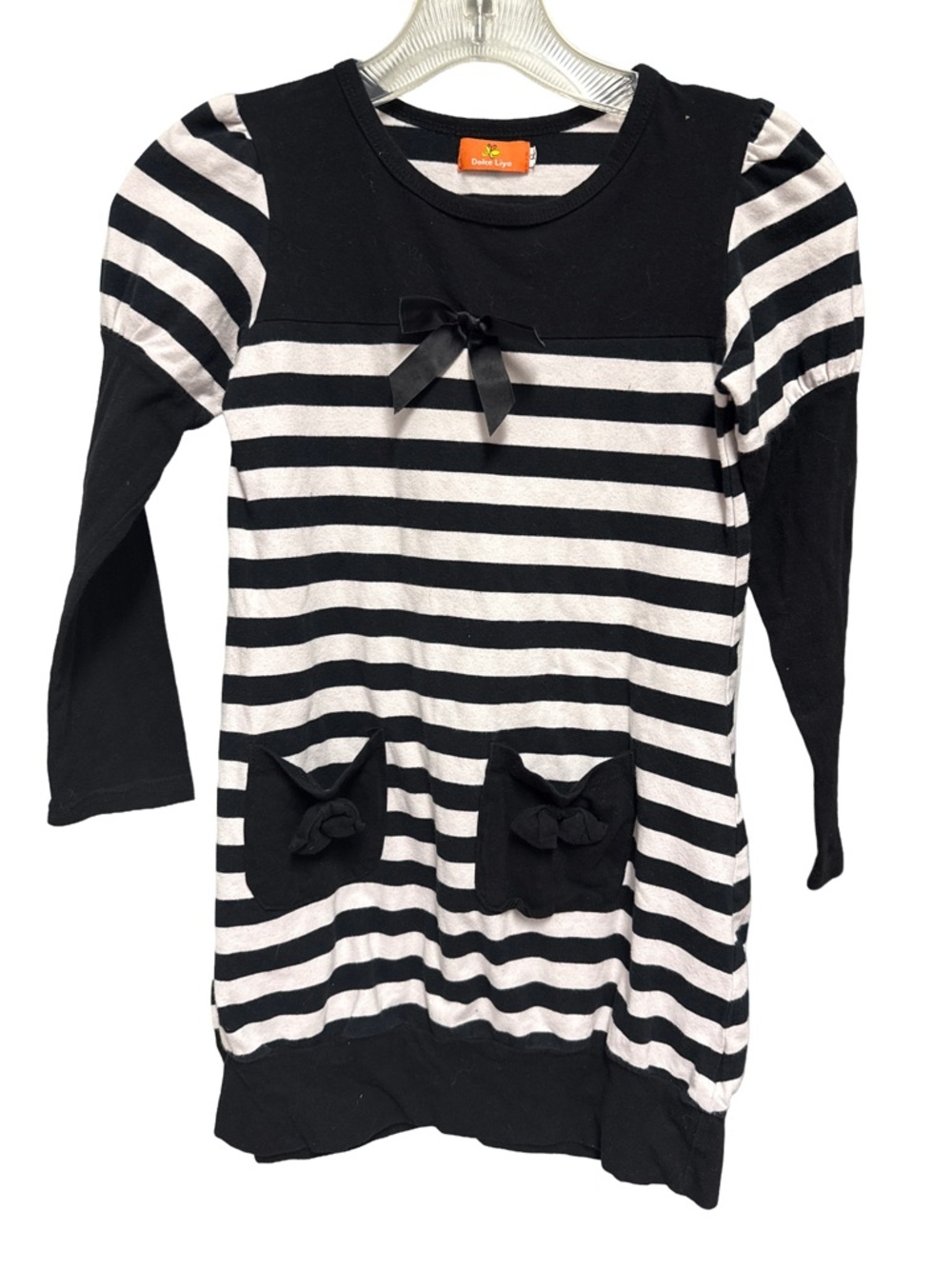 Dolce Liyo Girls Size 8 Black & White Striped Dress with Bows preppy